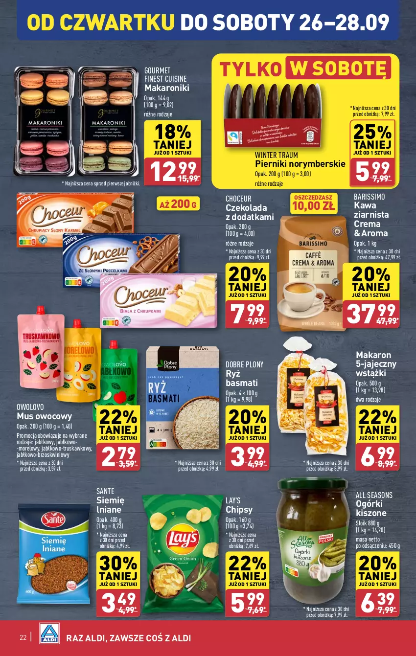 Gazetka promocyjna Aldi - Pełna oferta - ważna 23.09 do 28.09.2024 - strona 22 - produkty: All Seasons, Chipsy, Czekolada, Kawa, Kawa ziarnista, Makaron, Mus, Piernik, Ryż, Ryż basmati, Sante