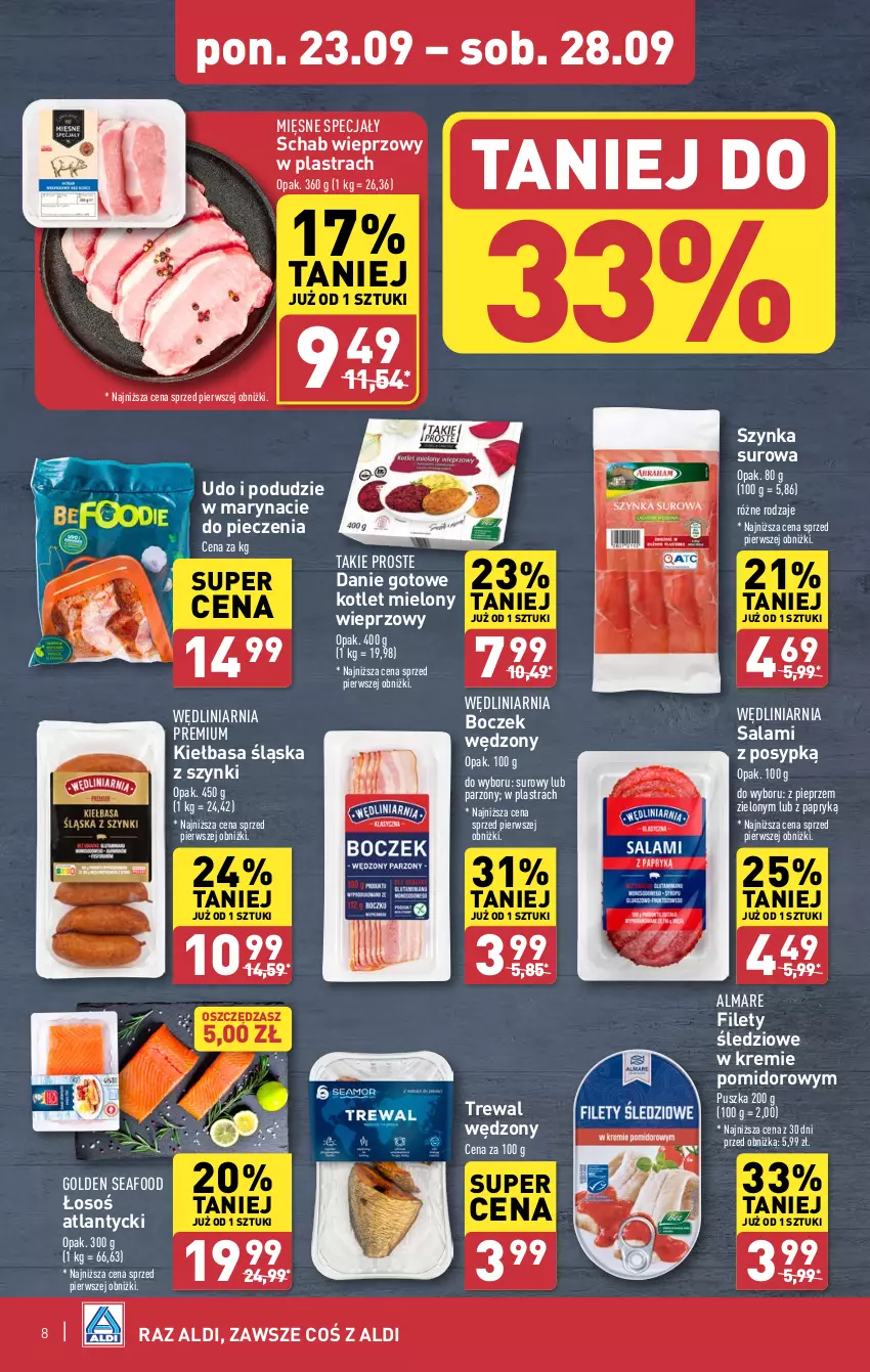 Gazetka promocyjna Aldi - Pełna oferta - ważna 23.09 do 28.09.2024 - strona 8 - produkty: Boczek, Danie gotowe, Golden Seafood, Kiełbasa, Kiełbasa śląska, Kotlet, Mięsne specjały, Piec, Pieprz, Salami, Schab wieprzowy, Szynka