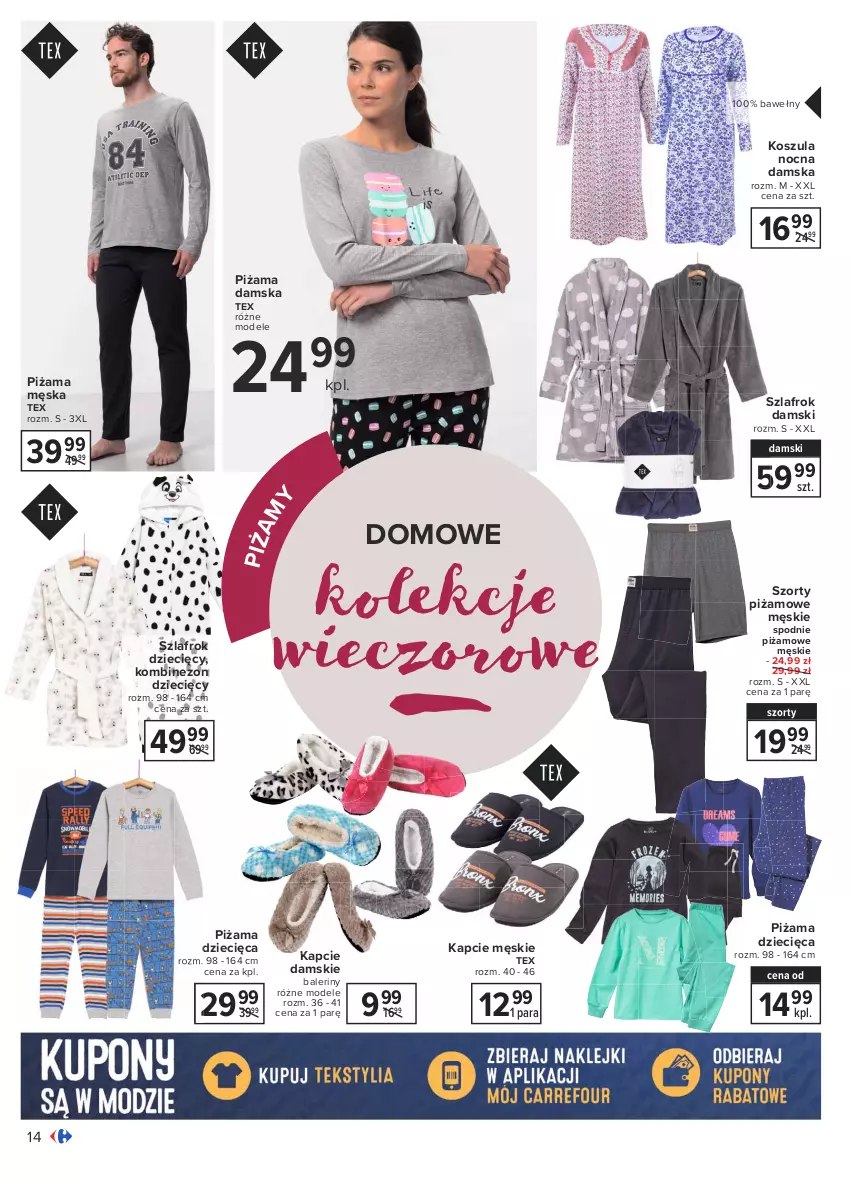 Gazetka promocyjna Carrefour - Gazetka Zimowe dni w domowym zaciszu - ważna 18.01 do 31.01.2021 - strona 14 - produkty: Baleriny, Dzieci, Kapcie, Kombinezon, Kosz, Koszula, Koszula nocna, Piżama, Spodnie, Szlafrok, Szorty