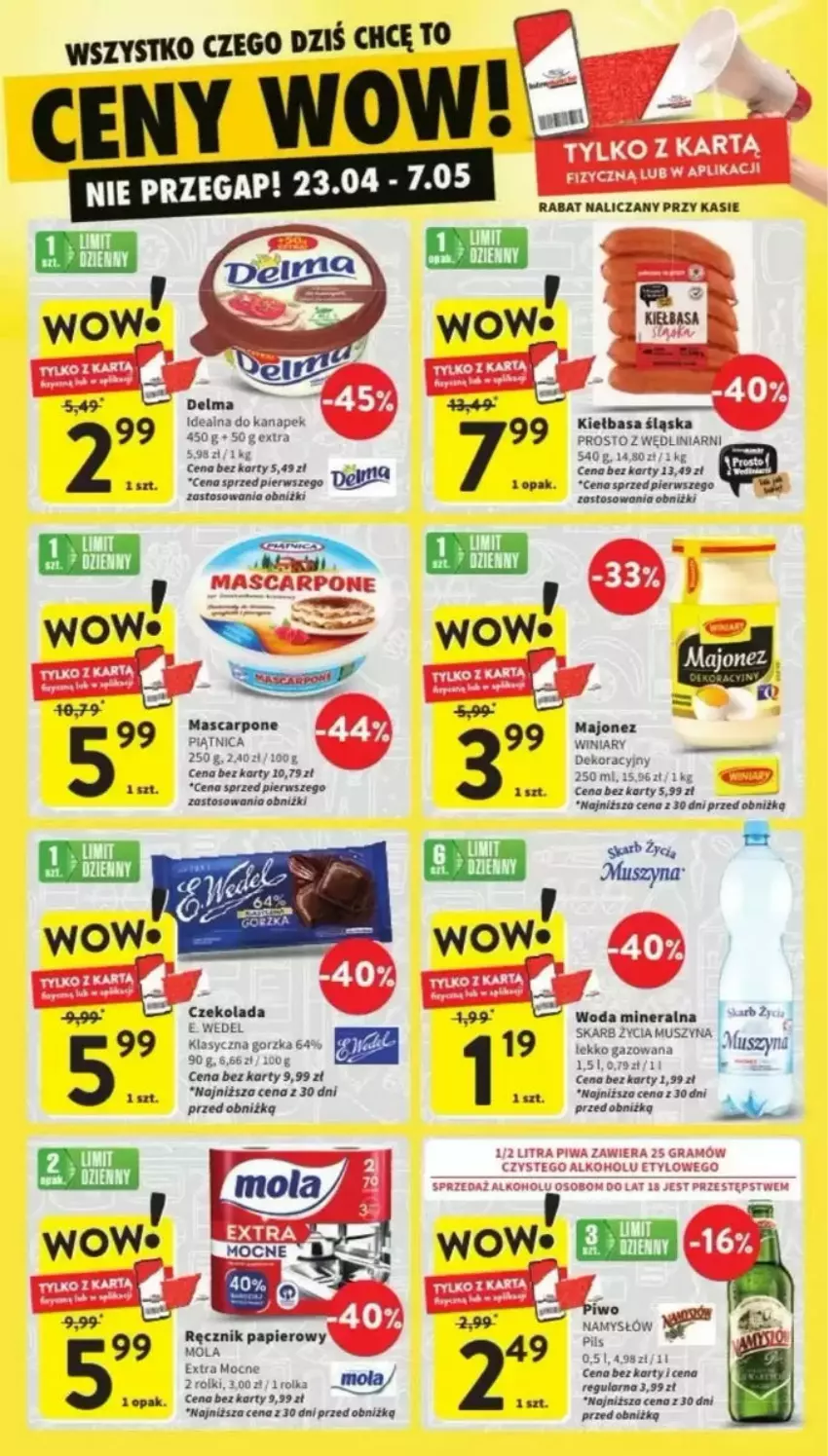 Gazetka promocyjna Intermarche - ważna 29.04 do 07.05.2025 - strona 15 - produkty: Czekolada, Gra, Kiełbasa, Kiełbasa śląska, Majonez, Mascarpone, Mola, Mus, Namysłów, Papier, Piątnica, Ręcznik, Rolki, Szyna, Woda, Woda mineralna