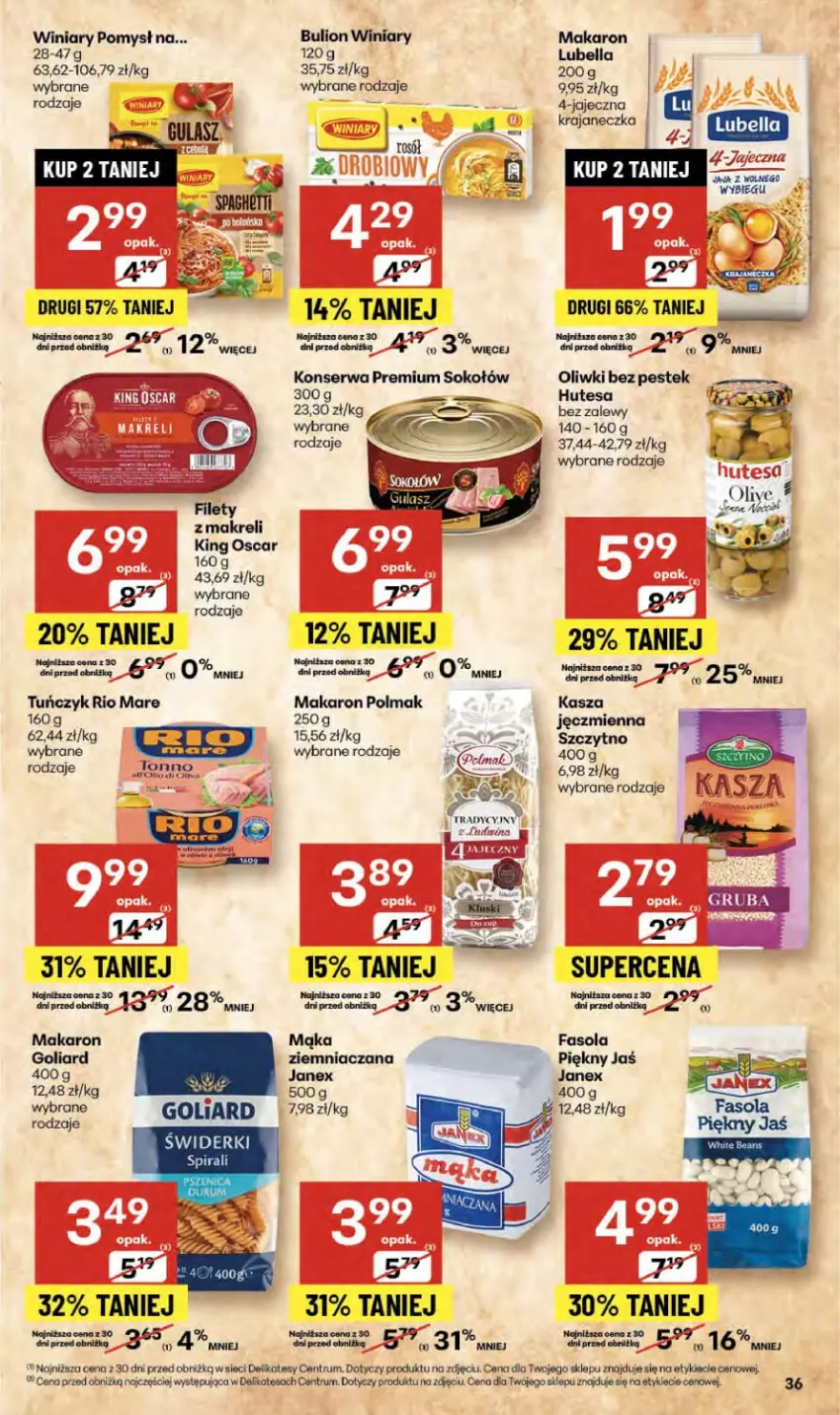 Gazetka promocyjna Delikatesy Centrum - Franczyza DC41 Czwartek - ważna 09.10 do 15.10.2025 - strona 36 - produkty: Bell, Bella, Bulion, Fa, Fasola, Goliard, Kasza, Lion, Lubella, Mąka, Makaron, Oliwki, Olma, Rio Mare, Rosół, Rum, Ser, Sok, Sokołów, Stek, Tuńczyk, Winiary