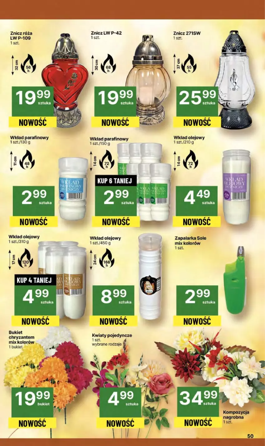 Gazetka promocyjna Delikatesy Centrum - Franczyza DC41 Czwartek - ważna 09.10 do 15.10.2025 - strona 50 - produkty: Bukiet, Olej, Róża, Wkład olejowy, Zapalarka, Znicz