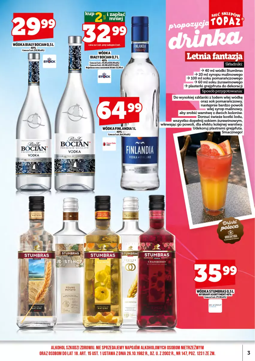 Gazetka promocyjna Topaz - Gazetka - ważna 17.08 do 31.08.2026 - strona 5 - produkty: Finlandia, Grejpfrut, Lanki, Olej, Plasterki, Sok, Sok pomarańczowy, Syrop, Wino, Wódka