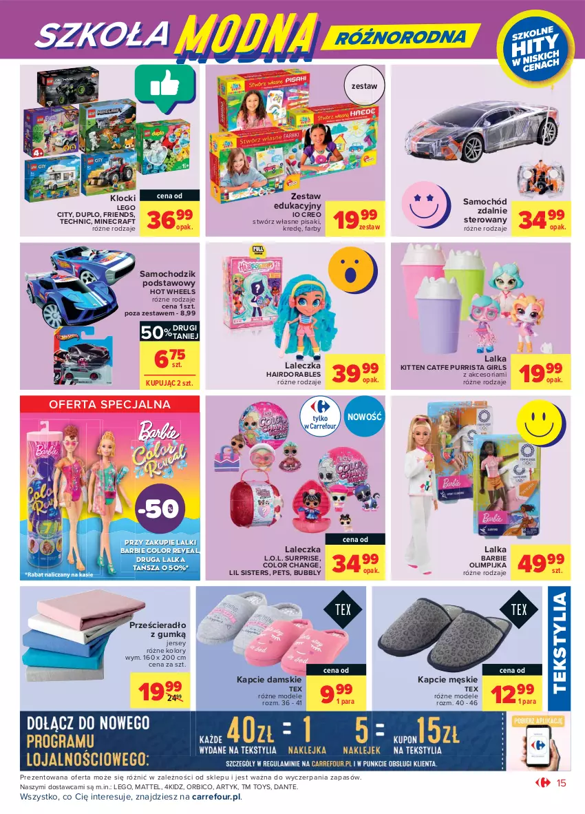 Gazetka promocyjna Carrefour - Gazetka Market - ważna 28.07 do 07.08.2021 - strona 19 - produkty: Barbie, BIC, Chodzik, Fa, Hot Wheels, Kapcie, Klocki, L.O.L., Lalka, LEGO, LEGO City, Mattel, Minecraft, Prześcieradło, Pur, Samochód