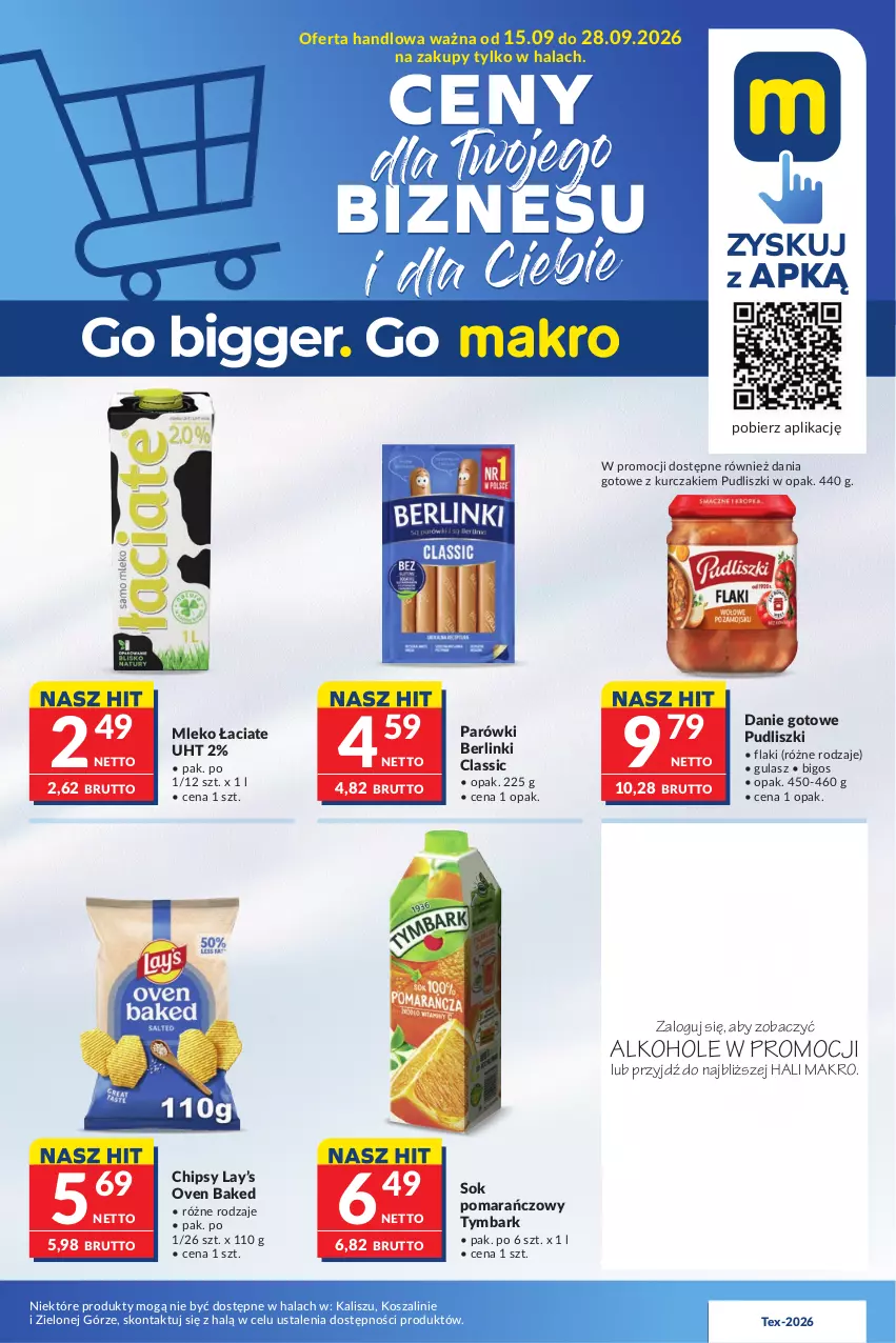 Gazetka promocyjna Makro - Mega oferty dla Twojego Sklepu - ważna 15.09 do 28.09.2026 - strona 1 - produkty: Alkohole, Berlinki, Bigos, Chipsy, Dania gotowe, Danie gotowe, Flaki, Gra, JBL, Kosz, Kurczak, Lay’s, Mleko, Parówki, Piwo, Pudliszki, Sok, Sok pomarańczowy, Szal, Tymbark