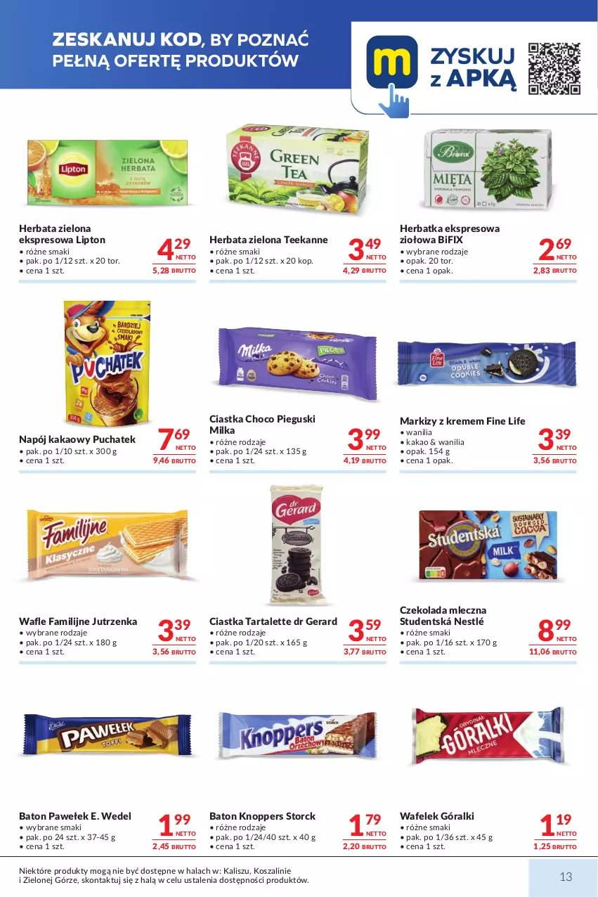 Gazetka promocyjna Makro - Mega oferty dla Twojego Sklepu - ważna 15.09 do 28.09.2026 - strona 13 - produkty: Baton, Ciastka, Czekolada, Czekolada mleczna, Dr Gerard, E. Wedel, Fa, Góralki, Herbata, Jutrzenka, Kakao, Knoppers, Kosz, Lipton, Milka, Napój, Nestlé, Szal, Tarta, Teekanne, Wafelek, Wafle