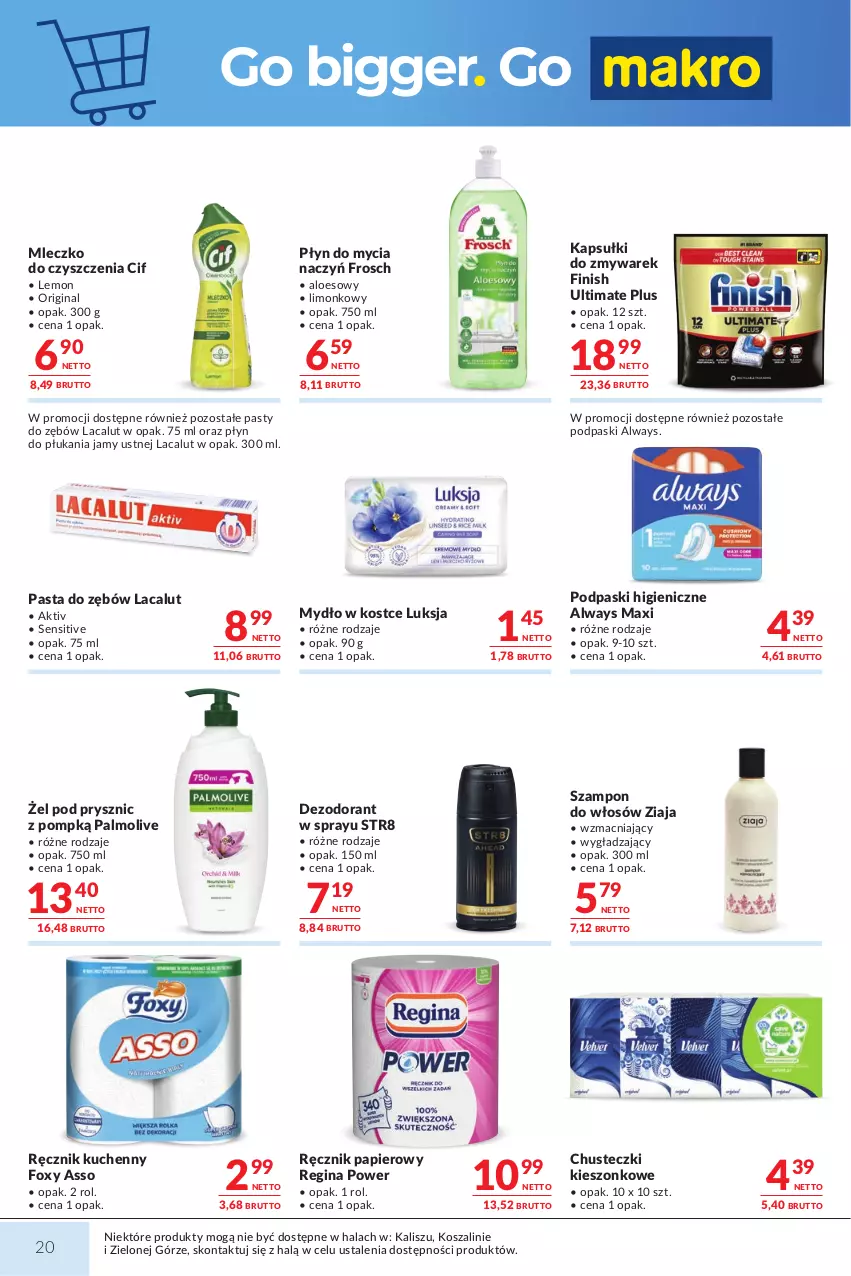 Gazetka promocyjna Makro - Mega oferty dla Twojego Sklepu - ważna 15.09 do 28.09.2026 - strona 20 - produkty: Always, Chusteczki, Cif, Dezodorant, Do mycia naczyń, Finish, Foxy, Frosch, Gin, Kosz, Lacalut, Luksja, Mleczko, Mydło, Palmolive, Papier, Pasta do zębów, Płyn do mycia, Płyn do mycia naczyń, Płyn do płukania, Płyn do płukania jamy ustnej, Podpaski, Ręcznik, Ręcznik kuchenny, Str8, Szal, Szampon, Ziaja