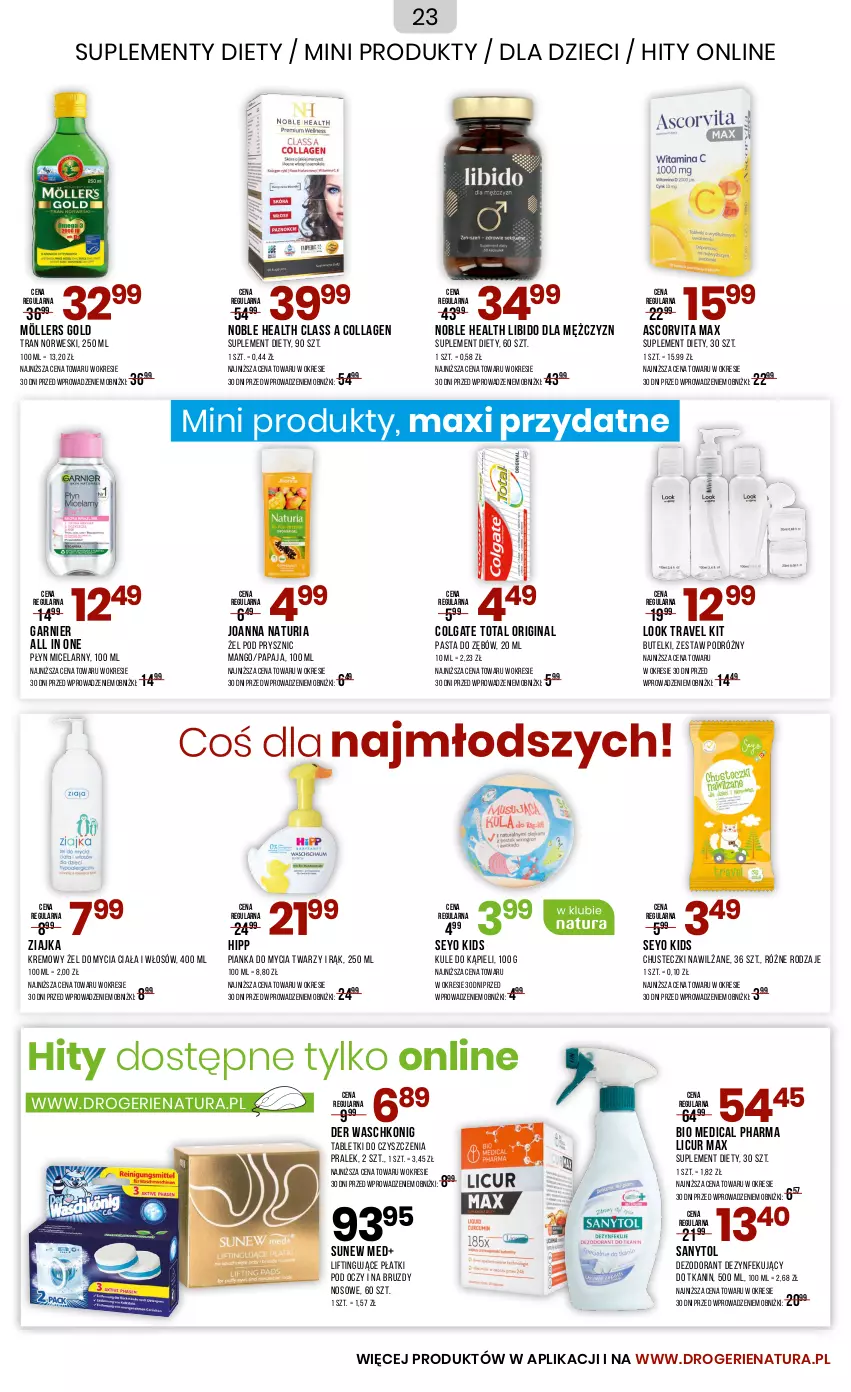 Gazetka promocyjna Drogerie Natura - Gazetka Drogerie Natura - ważna 04.09 do 03.10.2024 - strona 23 - produkty: Chusteczki, Colgate, Colgate Total, Dezodorant, Dzieci, Garnier, Gin, HiPP, Joanna, LG, Mango, Möllers, Papaja, Pasta do zębów, Pianka do mycia twarzy, Płyn micelarny, Sanytol, Suplement diety, Tablet, Tran, Ziajka