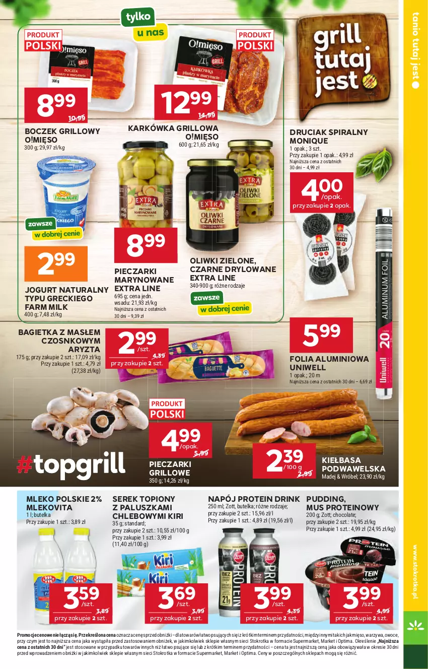 Gazetka promocyjna Stokrotka - Market - ważna 23.04 do 28.04.2026 - strona 13 - produkty: Bagietka, Boczek, Chleb, Fa, Farm Milk, Folia aluminiowa, Grill, Jogurt, Jogurt naturalny, Kiełbasa, Kiełbasa podwawelska, Mięso, Mleko, Mlekovita, Mus, Napój, Oliwki, Oliwki zielone, Optima, Owoce, Piec, Pudding, Ser, Serek, Top, Warzywa, Wawel, Zott