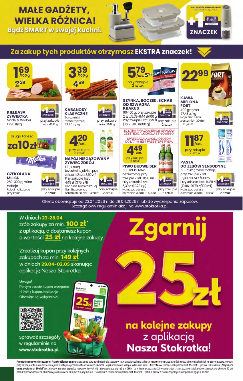 Gazetka promocyjna Stokrotka - Market - ważna 23.04 do 28.04.2026 - strona 17 - produkty: Boczek, Czekolada, Gra, Jabłka, Kabanos, Kawa, Kawa mielona, Kiełbasa, Krakus, Mięso, Milka, Napój, Napój niegazowany, Optima, Owoce, Pasta do zębów, Piwa, Piwo, Sensodyne, Ser, Szynka, Tarczyński, Torba, Warzywa