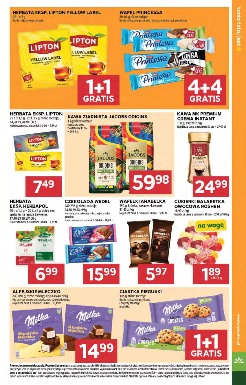Gazetka promocyjna Stokrotka - Market - ważna 23.04 do 28.04.2026 - strona 25 - produkty: Ciastka, Cukier, Cukierki, Czekolada, Gala, Galaretka, Gin, Gra, Herbapol, Herbata, Jacobs, Kakao, Kawa, Kawa ziarnista, Lipton, Mięso, Mleczko, Optima, Owoce, Princessa, Warzywa