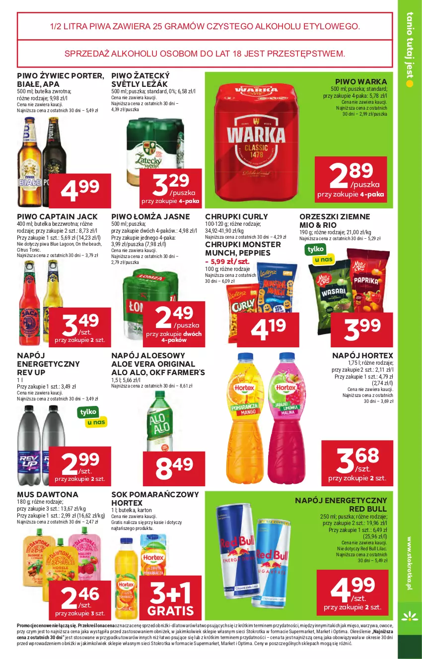 Gazetka promocyjna Stokrotka - Market - ważna 23.04 do 28.04.2026 - strona 29 - produkty: Aloe vera, Captain Jack, Chrupki, Dawtona, Fa, Gin, Gra, Hortex, Mięso, Monster Munch, Mus, Napój, Napój energetyczny, Optima, Orzeszki, Orzeszki ziemne, Owoce, Piwa, Piwo, Por, Red Bull, Sok, Sok pomarańczowy, Warka, Warzywa