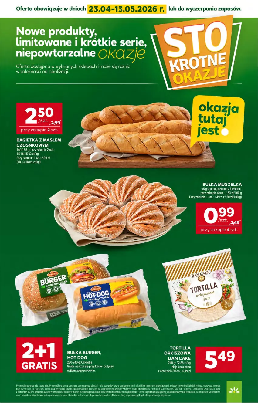 Gazetka promocyjna Stokrotka - Market - ważna 23.04 do 28.04.2026 - strona 30 - produkty: Bagietka, Bułka, Burger, Dan Cake, Gra, Hot dog, Mięso, Mus, Optima, Owoce, Ser, Tortilla, Warzywa