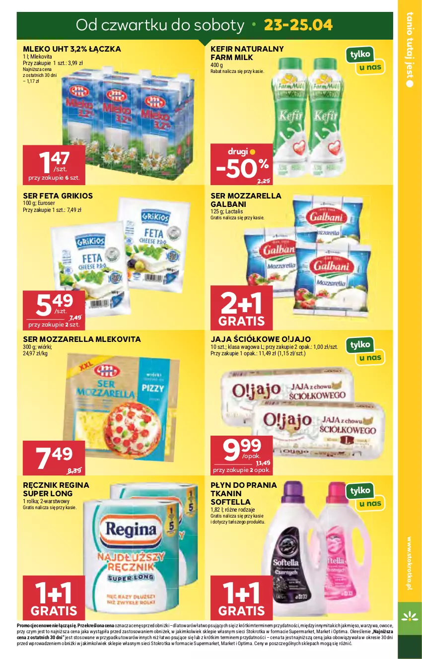 Gazetka promocyjna Stokrotka - Market - ważna 23.04 do 28.04.2026 - strona 5 - produkty: Fa, Farm Milk, Feta, Galbani, Gin, Gra, Jaja, Kefir, Kefir naturalny, Mięso, Mleko, Mlekovita, Mozzarella, Optima, Owoce, Płyn do prania, Ręcznik, Ser, Warzywa