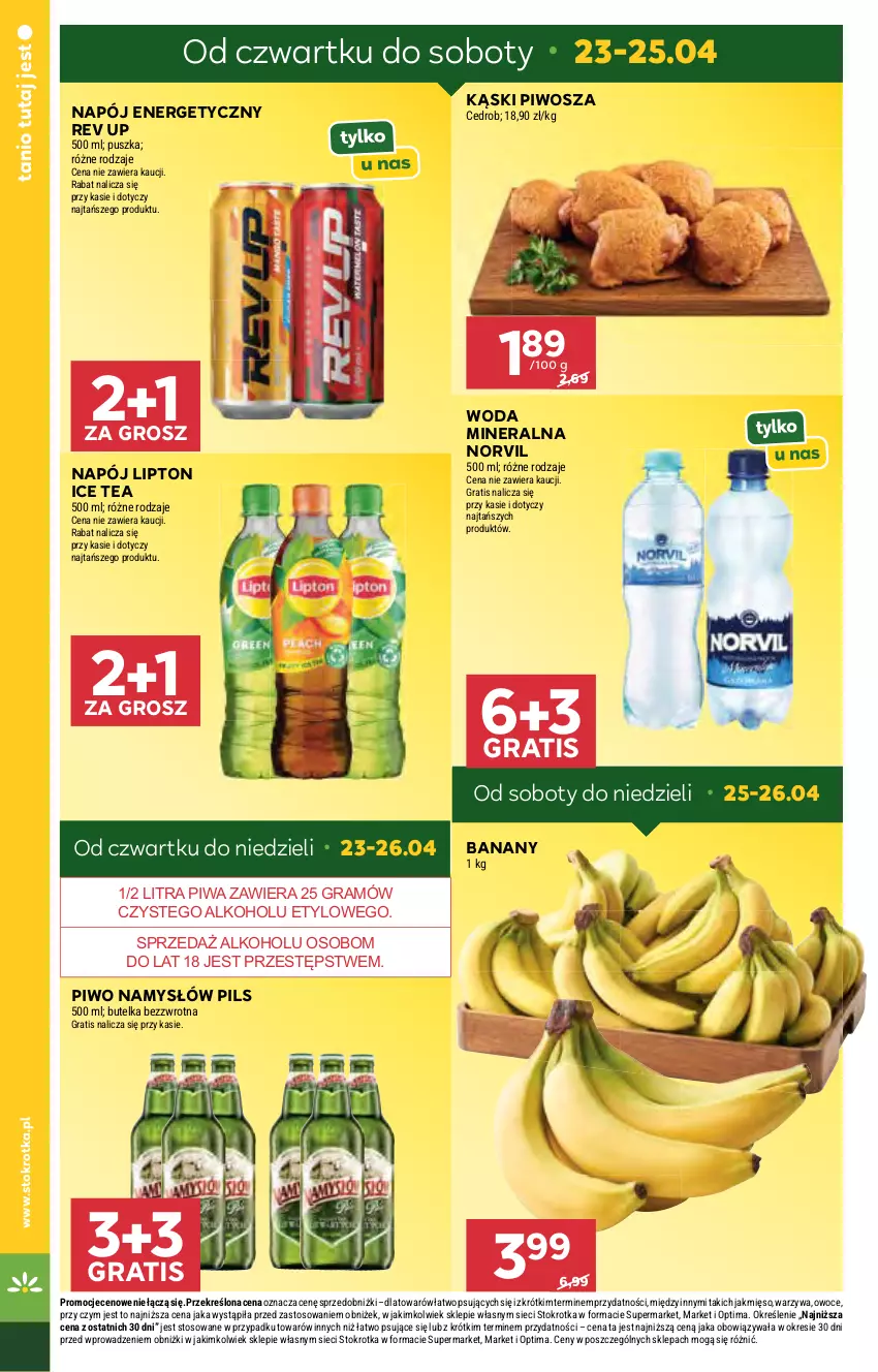 Gazetka promocyjna Stokrotka - Market - ważna 23.04 do 28.04.2026 - strona 6 - produkty: Banany, Gra, Ice tea, Lipton, Mięso, Namysłów, Napój, Napój energetyczny, Optima, Owoce, Piwa, Piwo, Warzywa, Woda, Woda mineralna