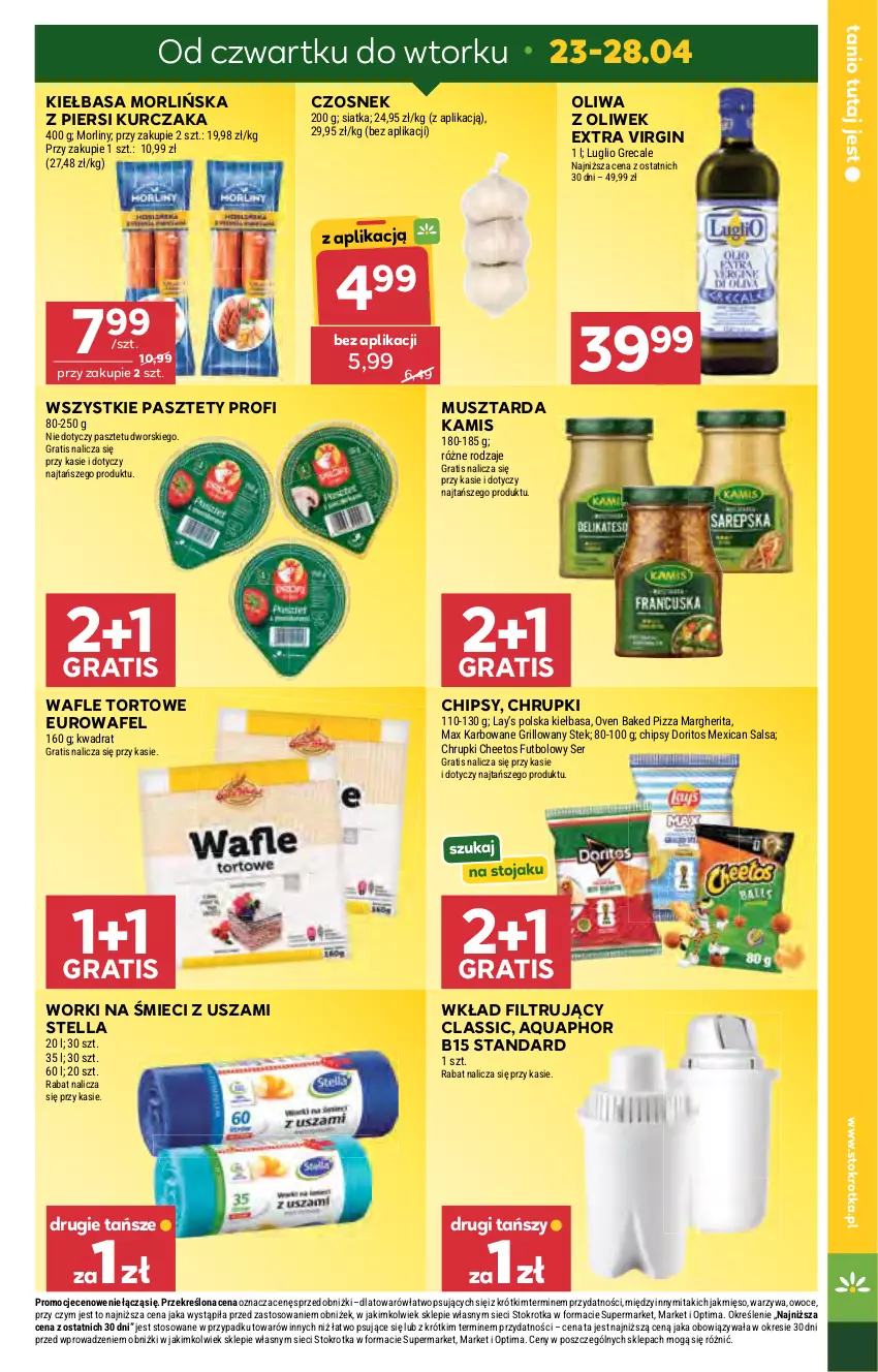 Gazetka promocyjna Stokrotka - Market - ważna 23.04 do 28.04.2026 - strona 7 - produkty: Aquaphor, Cheetos, Chipsy, Chrupki, Czosnek, Gin, Gra, Grill, Kamis, Kiełbasa, Kurczak, Lay’s, Mięso, Morliny, Mus, Musztarda, Oliwa, Oliwa z oliwek, Optima, Owoce, Pasztet, Pizza, Pizza margherita, Salsa, Ser, Siatka, Stek, Wafle, Wafle tortowe, Warzywa, Wkład filtrujący, Worki na śmiec, Worki na śmieci