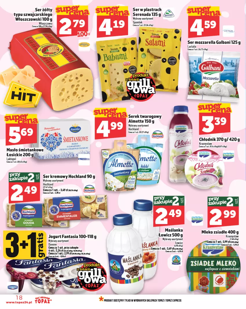 Gazetka promocyjna Topaz - Gazetka - ważna 29.05 do 04.06.2025 - strona 18 - produkty: Almette, Cars, Fa, Fanta, Galbani, Gra, Hochland, Jogurt, Maślanka, Masło, Mleko, Mleko zsiadłe, Mozzarella, Ser, Serek, Serek twarogowy, Top, Włoszczowski