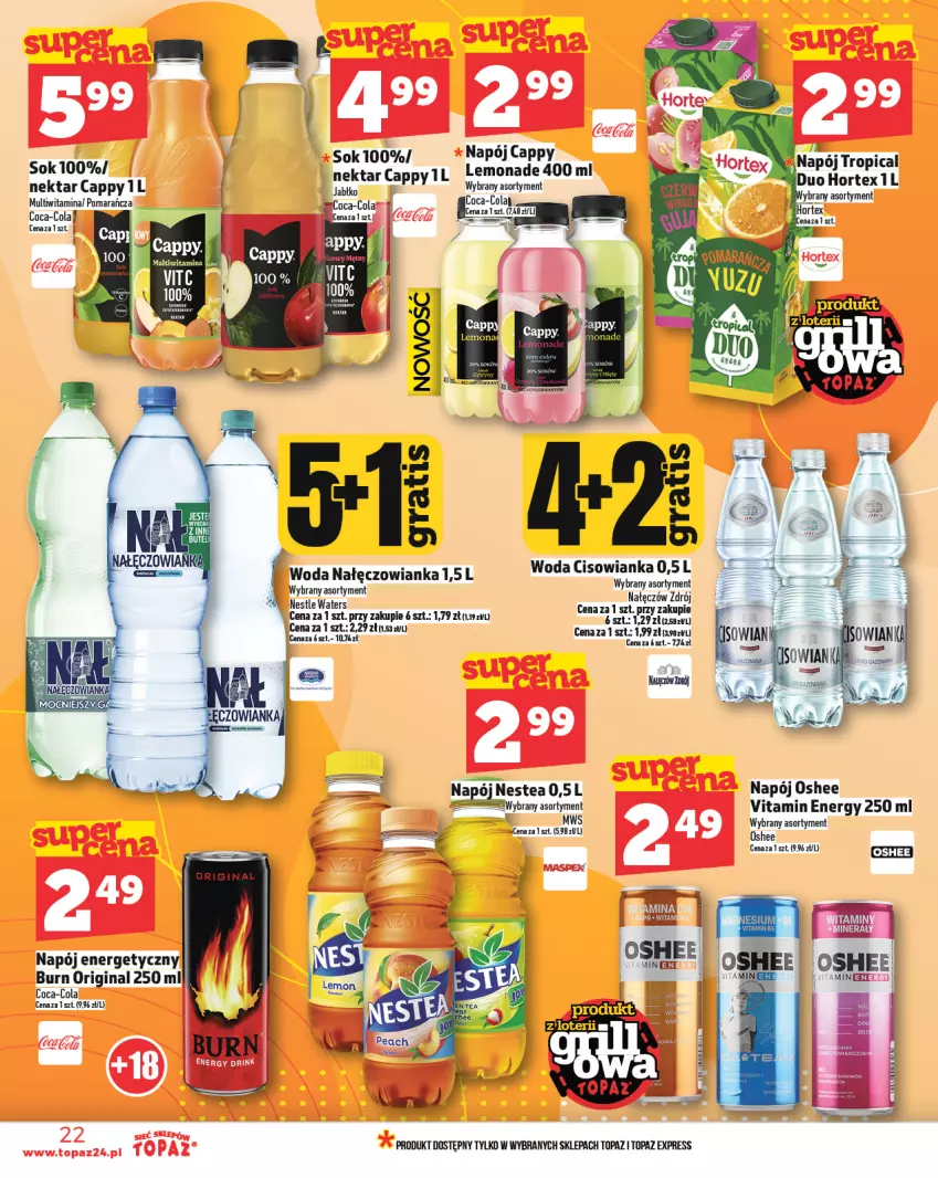 Gazetka promocyjna Topaz - Gazetka - ważna 29.05 do 04.06.2025 - strona 22 - produkty: Cappy, Coca-Cola, Gin, Nałęczowianka, Napój, Napój energetyczny, Nektar, Nestea, Oshee, Sok, Top, Tusz, Woda