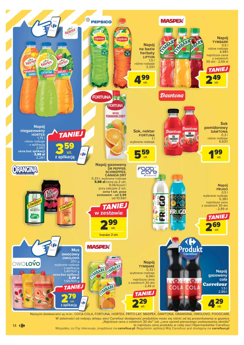 Gazetka promocyjna Carrefour - Gazetka Carrefour - ważna 09.05 do 20.05.2023 - strona 14 - produkty: Coca-Cola, Dawtona, Fortuna, Gin, Hortex, Kosz, LANA, Napój, Napój gazowany, Nektar, Pepsi, Sok, Tymbark