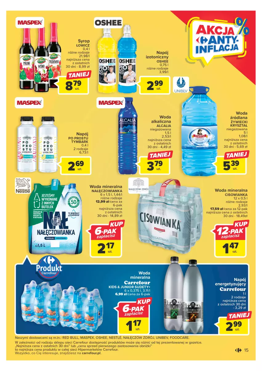 Gazetka promocyjna Carrefour - Gazetka Carrefour - ważna 09.05 do 20.05.2023 - strona 15 - produkty: Cisowianka, LANA, Nałęczowianka, Napój, Oshee, Por, Red Bull, Sok, Syrop, Tymbark, Woda, Woda mineralna