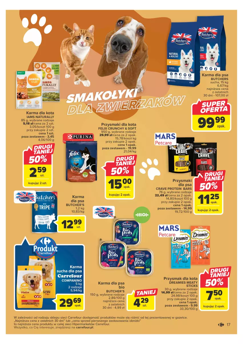 Gazetka promocyjna Carrefour - Gazetka Carrefour - ważna 09.05 do 20.05.2023 - strona 17 - produkty: Butcher's, Felix, Iams, Kosz, Przysmak dla kota, Przysmaki