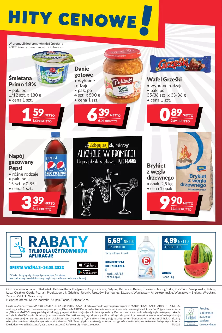 Gazetka promocyjna Makro - [Oferta promocyjna] Artykuły spożywcze i przemysłowe - ważna 04.05 do 16.05.2022 - strona 16 - produkty: Arbuz, Danie gotowe, Gra, Grześki, Kosz, Napój, Napój gazowany, Papier, Pepsi, Piec, Rum, Sos, Szal, Zott, Zott Primo