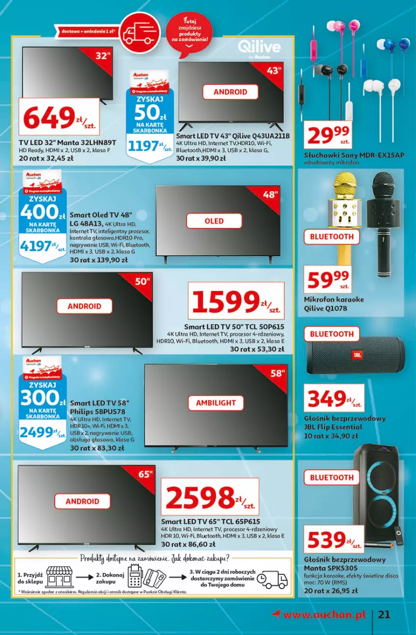 Gazetka promocyjna Auchan - Jesienne hiperokazje Hipermarkety - ważna 04.11 do 10.11.2021 - strona 21 - produkty: Głośnik, Gry, HD ready, Intel, JBL, LED TV, LG, Manta, Mikrofon, Philips, Procesor, Słuchawki, Sony