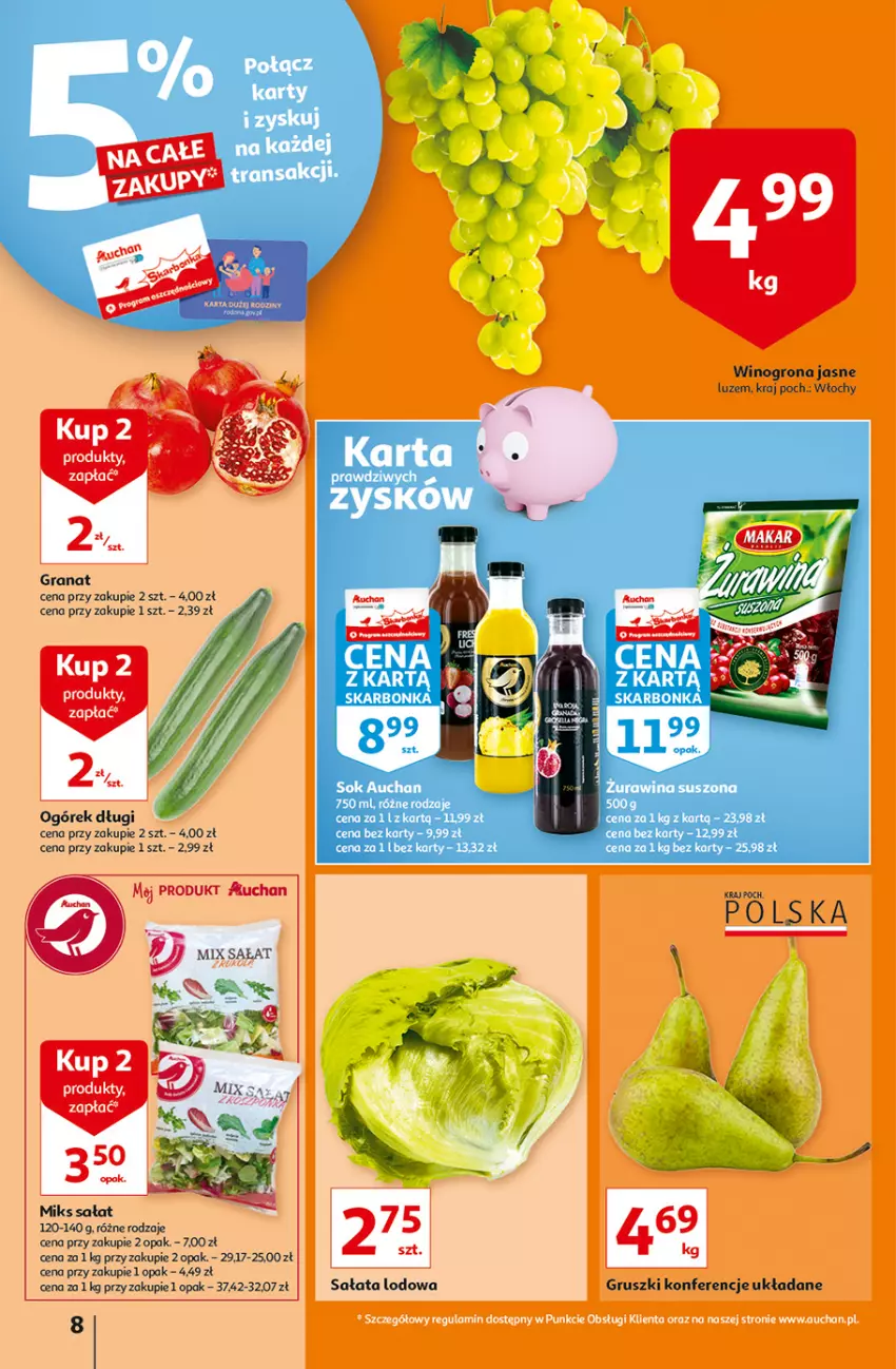 Gazetka promocyjna Auchan - Jesienne hiperokazje Hipermarkety - ważna 04.11 do 10.11.2021 - strona 8 - produkty: Fa, Gra, Granat, Gruszki, LG, Ogórek, Sałat, Sałata lodowa, Tran, Wino, Winogrona