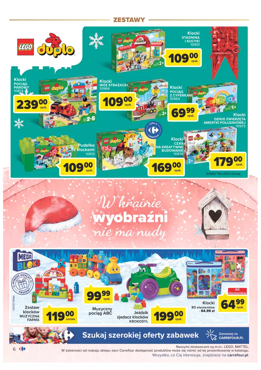 Gazetka promocyjna Carrefour - Gazetka Zabawki część 2 - ważna 29.11 do 24.12.2022 - strona 6 - produkty: Fa, Klocki, LEGO, Mattel, Pociąg, Wóz strażacki, Zestaw muzyczny, Zwierzęta