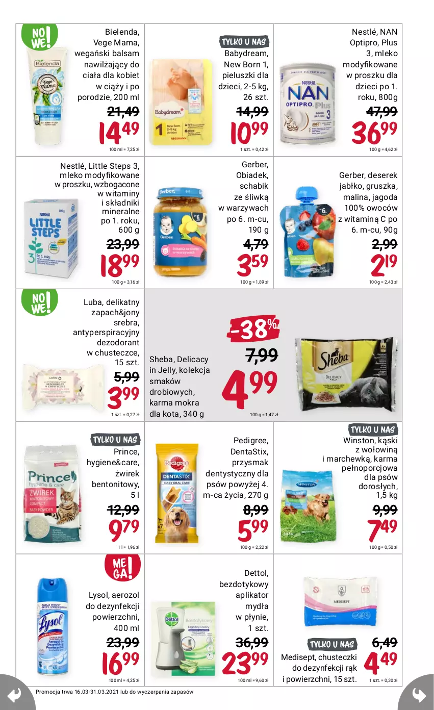 Gazetka promocyjna Rossmann - Marzec II - ważna 16.03 do 31.03.2021 - strona 5 - produkty: Babydream, Bielenda, Chusteczki, Deser, Dettol, Dezodorant, Dzieci, Gerber, Lysol, Mleko, Mleko w proszku, NAN Optipro, Nestlé, Pedigree, Por, Ser, Serek, Sheba, Warzywa