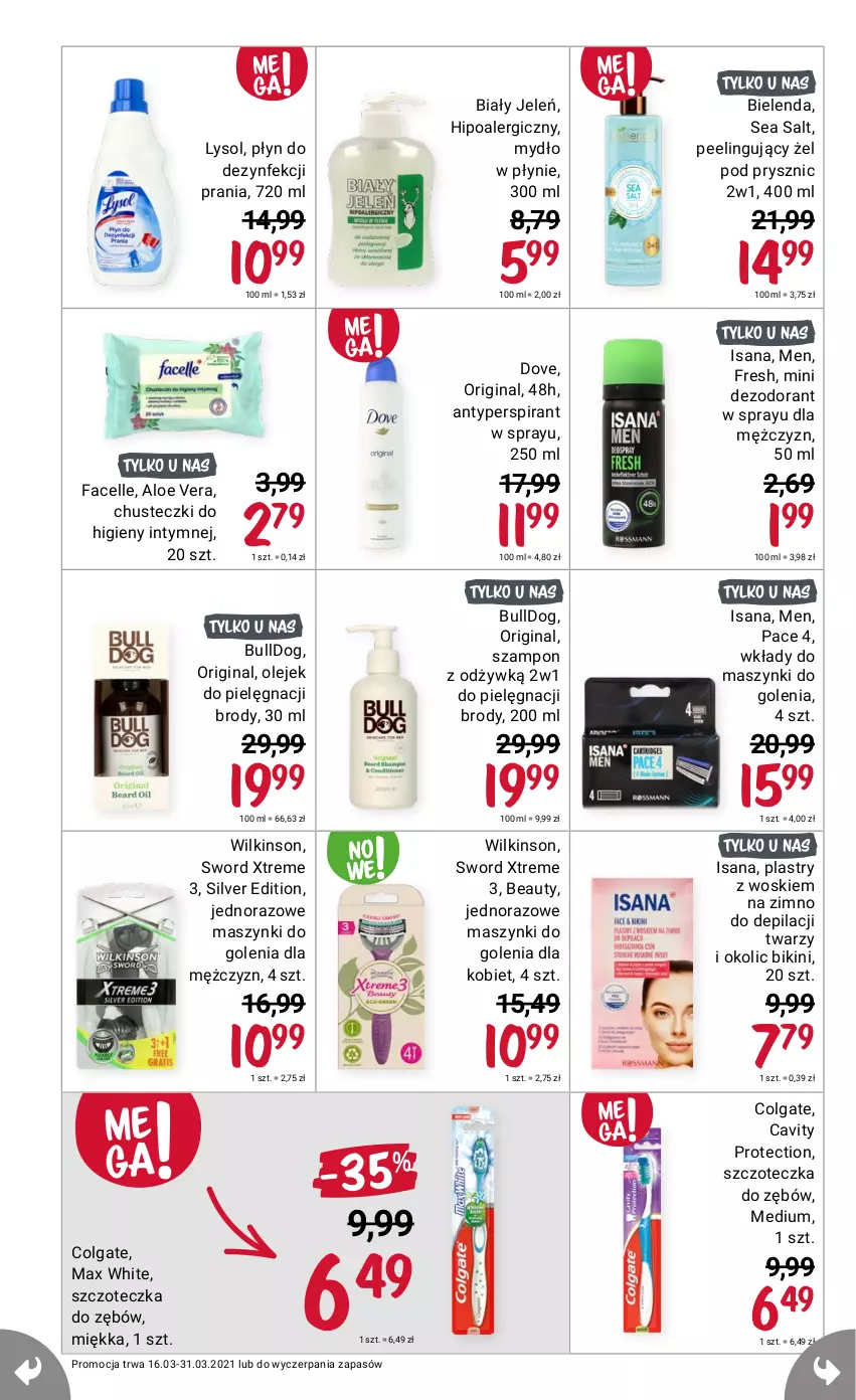 Gazetka promocyjna Rossmann - Marzec II - ważna 16.03 do 31.03.2021 - strona 6 - produkty: Aloe vera, Antyperspirant, Bielenda, Bikini, Bulldog, Chusteczki, Chusteczki do higieny, Colgate, Dezodorant, Dove, Fa, Facelle, Gin, Isana, LG, Olej, Szampon, Szczoteczka