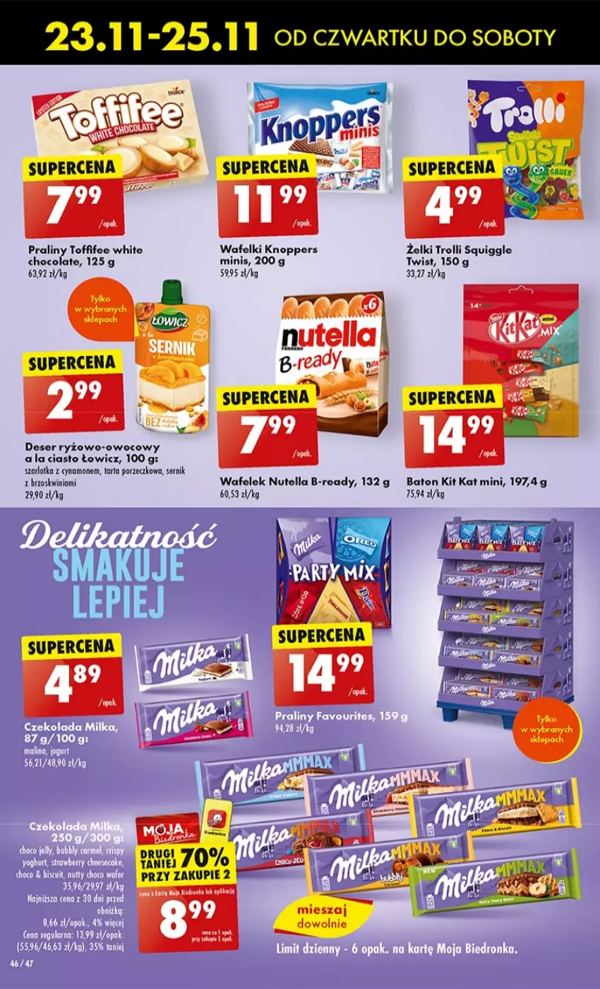 Gazetka promocyjna Biedronka - BlackFriday - ważna 23.11 do 29.11.2023 - strona 46 - produkty: Baton, Deser, Kit Kat, Knoppers, Nutella, Por, Praliny, Ryż, Ser, Szarlotka, Tarta, Toffifee, Wafelek