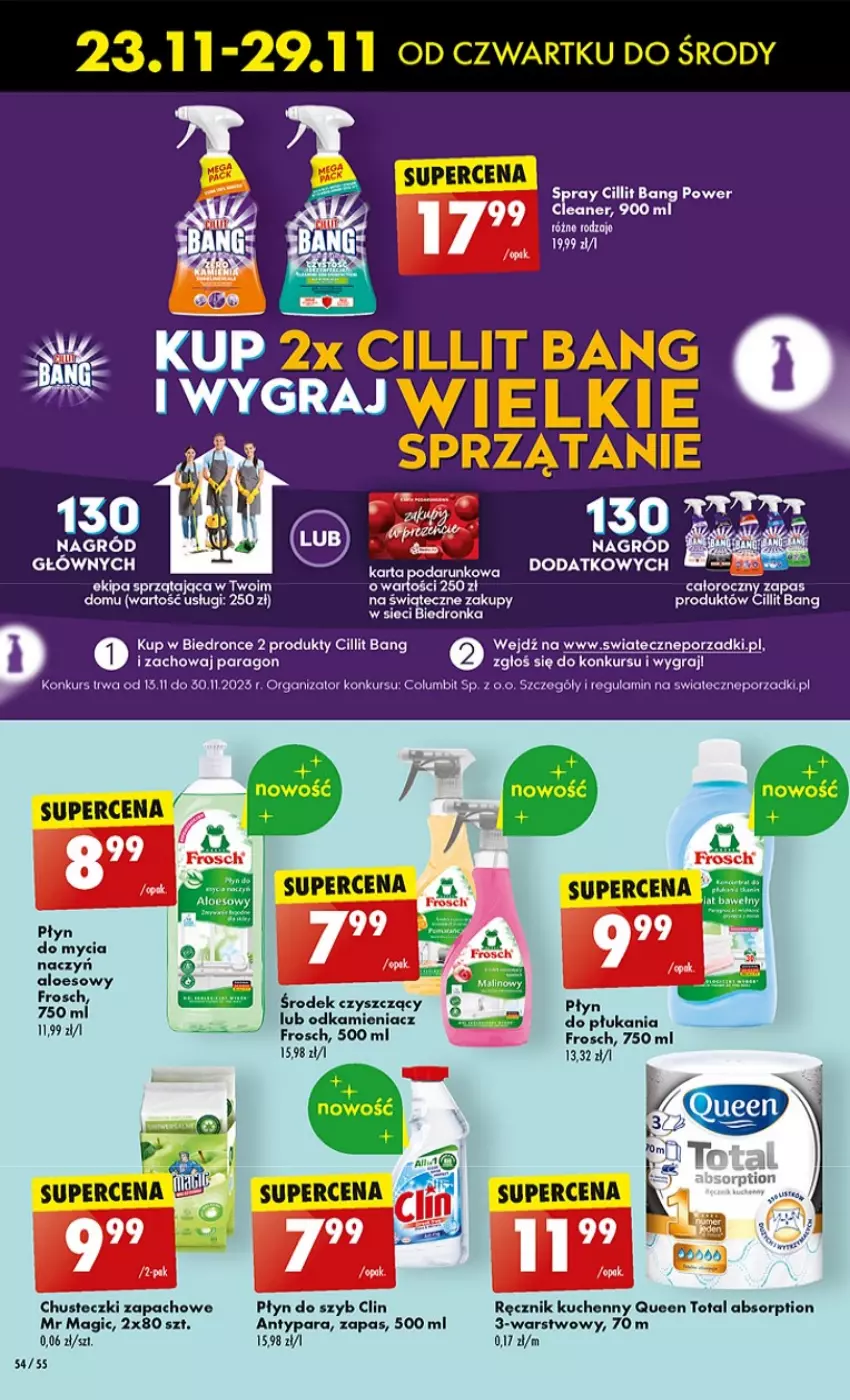 Gazetka promocyjna Biedronka - BlackFriday - ważna 23.11 do 29.11.2023 - strona 54 - produkty: Chusteczki, Cillit Bang, Clin, Do mycia naczyń, Frosch, Gra, Odkamieniacz, Płyn do mycia, Płyn do mycia naczyń, Płyn do szyb, Por, Ręcznik, Ręcznik kuchenny