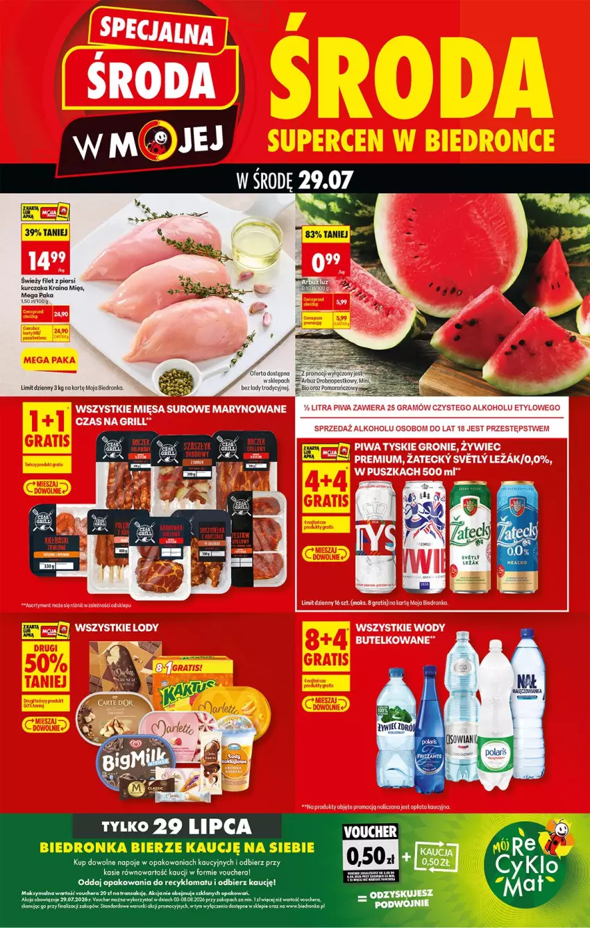 Gazetka promocyjna Biedronka - Specjalna Środa - ważna 29.07 do 29.07.2026 - strona 1 - produkty: Arbuz, Fa, Filet z piersi kurczaka, Kurczak, Napoje, Piwa, Tran, Tyskie