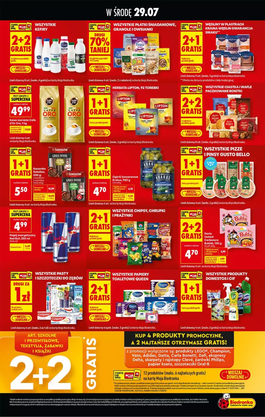 Gazetka promocyjna Biedronka - Specjalna Środa - ważna 29.07 do 29.07.2026 - strona 2 - produkty: Adidas, Bonitki, Chipsy, Chrupki, Ciastka, Danio, Fa, Gatta, Gra, Herbata, Karp, Kawa, Kawa ziarnista, Krakus, LEGO, Lipton, Ogórki konserwowe, Papier, Philips, Rajstopy, SEKO, Ser, Stek, Top, Wafle