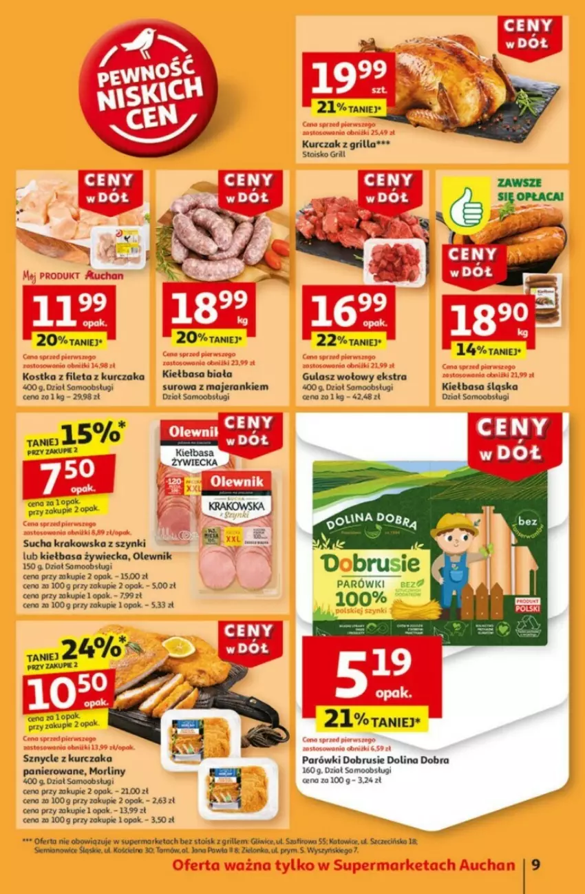 Gazetka promocyjna Auchan - ważna 09.01 do 15.01.2025 - strona 3 - produkty: Grill, Gulasz wołowy, Kiełbasa, Kiełbasa biała, Kiełbasa śląska, Kurczak, Morliny, Obrus, Olewnik, Parówki