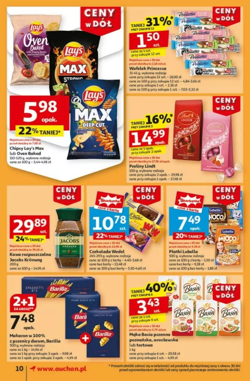 Gazetka promocyjna Auchan - ważna 09.01 do 15.01.2025 - strona 4 - produkty: Barilla, Basia, Bell, Bella, Chipsy, Czekolada, Jacobs, Kawa, Kawa rozpuszczalna, Lindt, Lubella, Mąka, Makaron, Praliny, Princessa, Rum, Wafelek