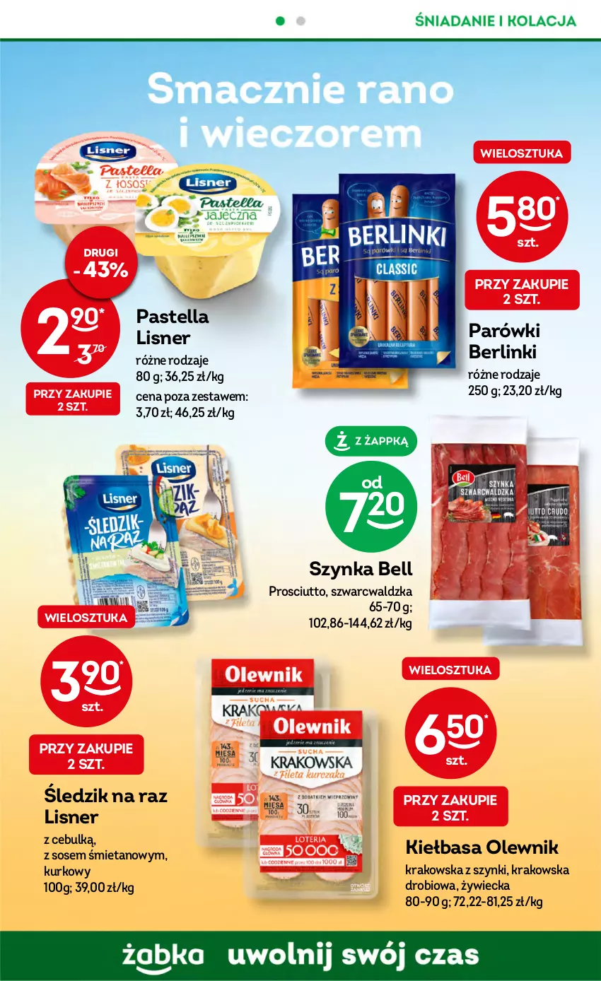 Gazetka promocyjna Żabka - ważna 09.08 do 15.08.2023 - strona 40 - produkty: Bell, Berlinki, Kiełbasa, Lisner, Olewnik, Parówki, Pastella, Prosciutto, Sos, Szynka