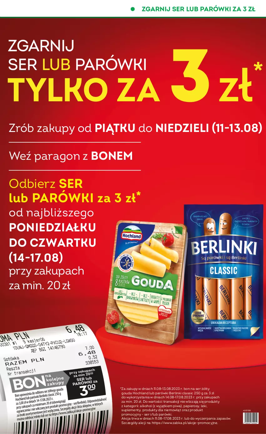 Gazetka promocyjna Żabka - ważna 09.08 do 15.08.2023 - strona 5 - produkty: Berlinki, Gouda, Hochland, JBL, Papier, Parówki, Piwa, Ser, Tran