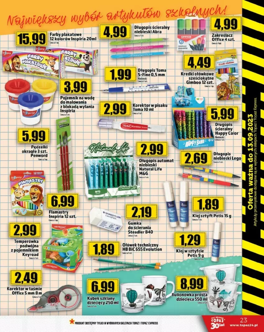 Gazetka promocyjna Topaz - ważna 10.08 do 16.08.2023 - strona 16 - produkty: BIC, Bulion, Długopis, Dzieci, EPEE, Fa, Flamastry, Gres, Klej, Kubek, LEGO, Lion, Pojemnik, Top