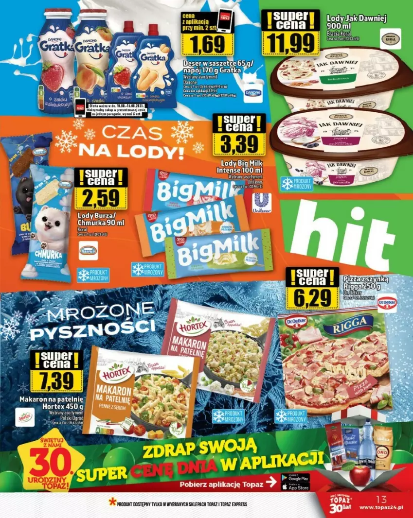 Gazetka promocyjna Topaz - ważna 10.08 do 16.08.2023 - strona 5 - produkty: Danone, Deser, Gra, Hortex, Lody, Makaron, Napój, Ser, Top, Wieniec