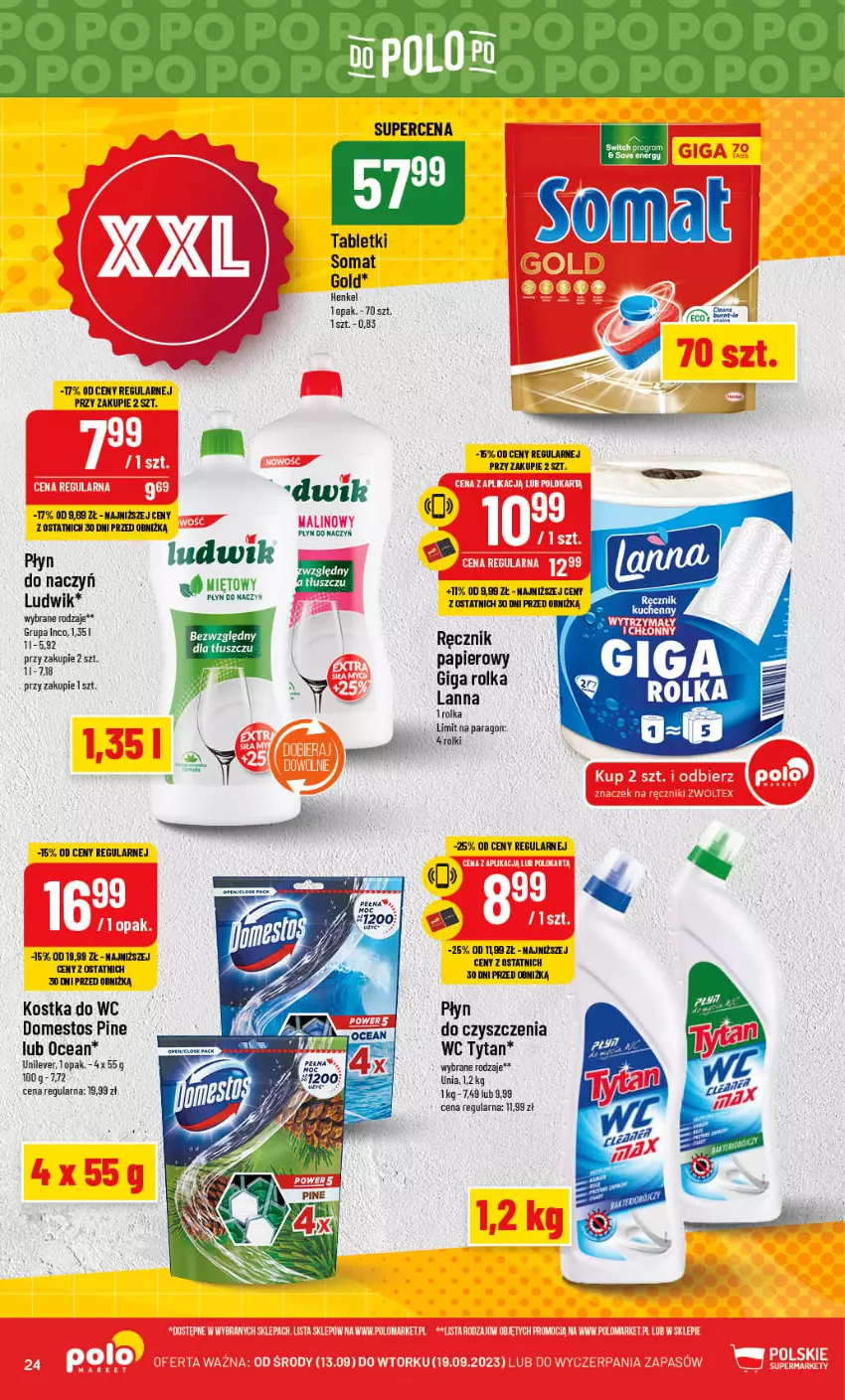 Gazetka promocyjna PoloMarket - Gazetka pomocyjna - ważna 13.09 do 19.09.2023 - strona 24 - produkty: Domestos, Kostka do wc, Ludwik, Papier, Płyn do czyszczenia wc, Ręcznik, Rolki, Somat, Tablet, Tytan