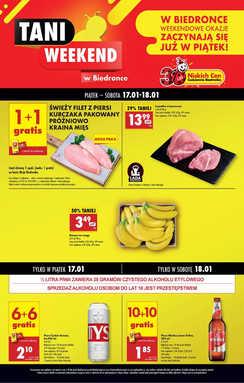 Gazetka promocyjna Biedronka - Tani Weekend - ważna 17.01 do 18.01.2025 - strona 1 - produkty: Filet z piersi kurczaka, Gra, Kurczak, Piwa, Piwo, Por, Tyskie, Warka