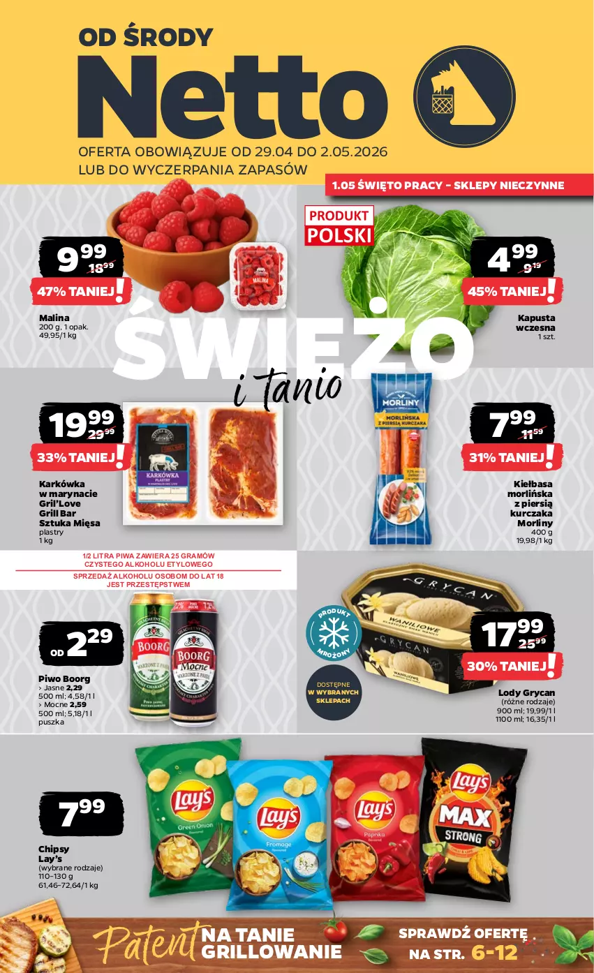 Gazetka promocyjna Netto - Od Środy - ważna 29.04 do 02.05.2026 - strona 1 - produkty: Chipsy, Gra, Grill, Gry, Kiełbasa, Kurczak, Lay’s, Lody, Morliny, Piwa, Piwo