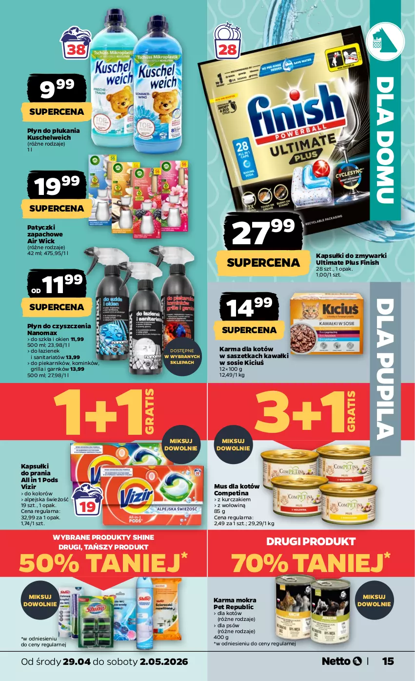 Gazetka promocyjna Netto - Od Środy - ważna 29.04 do 02.05.2026 - strona 15 - produkty: Air Wick, Finish, Gra, Grill, Kapsułki do prania, Kawa, Kurczak, Mus, Nanomax, Piekarnik, Płyn do płukania, Sos, Vizir, Zmywarki