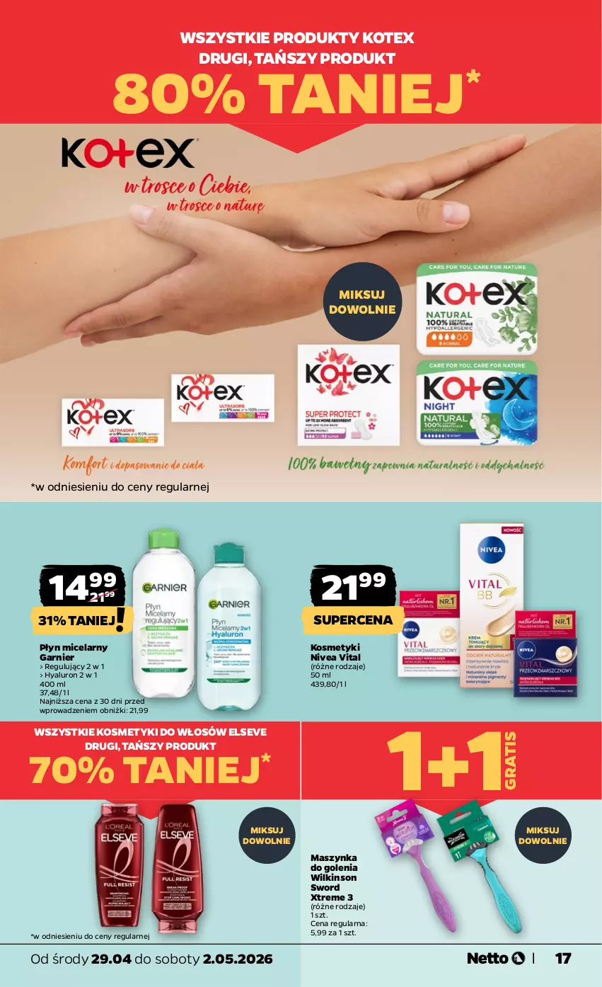 Gazetka promocyjna Netto - Od Środy - ważna 29.04 do 02.05.2026 - strona 17 - produkty: Elseve, Garnier, Gra, Maszynka, Maszynka do golenia, Nivea, Płyn micelarny, Szynka, Wilkinson Sword