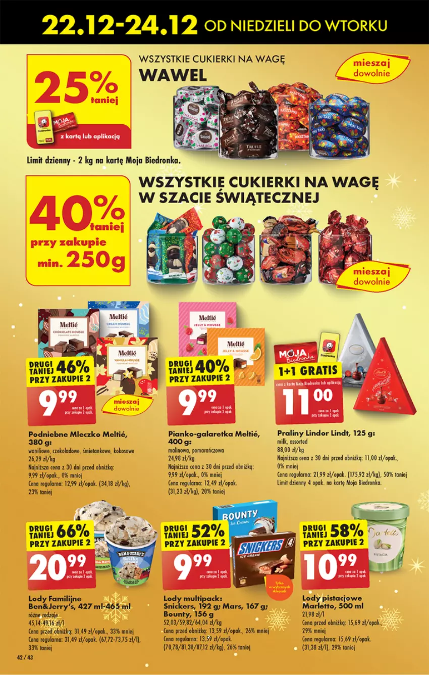 Gazetka promocyjna Biedronka - Od Poniedziałku - ważna 23.12 do 28.12.2024 - strona 50 - produkty: Bounty, Cukier, Cukierki, Fa, Gala, Galaretka, Kokos, Lindt, Lody, Mars, Mleczko, Praliny, Snickers, Wawel