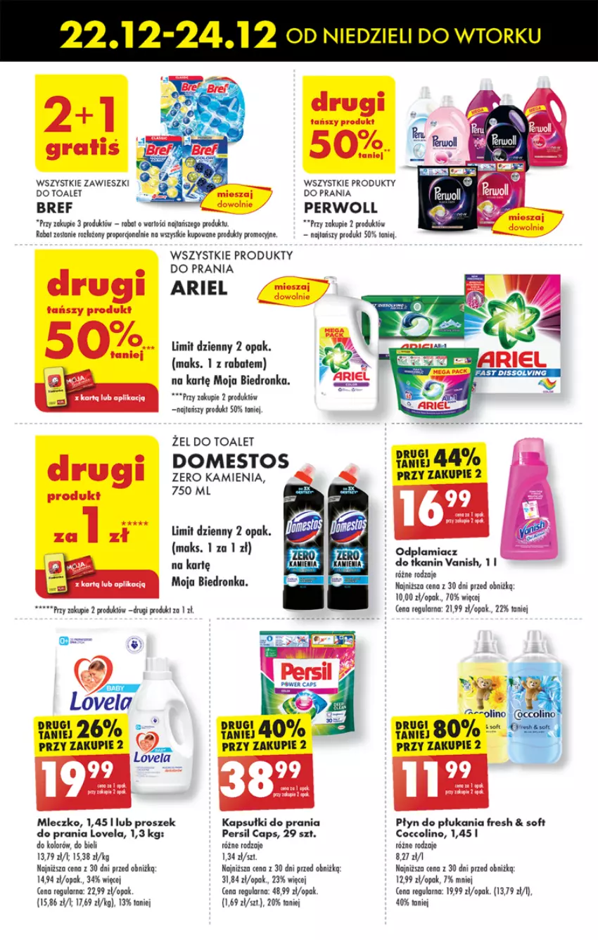 Gazetka promocyjna Biedronka - Od Poniedziałku - ważna 23.12 do 28.12.2024 - strona 65 - produkty: Ariel, Bref, Coccolino, Domestos, Fa, Kapsułki do prania, Lovela, Mleczko, Odplamiacz, Persil, Perwoll, Płyn do płukania, Por, Vanish, Zawieszki