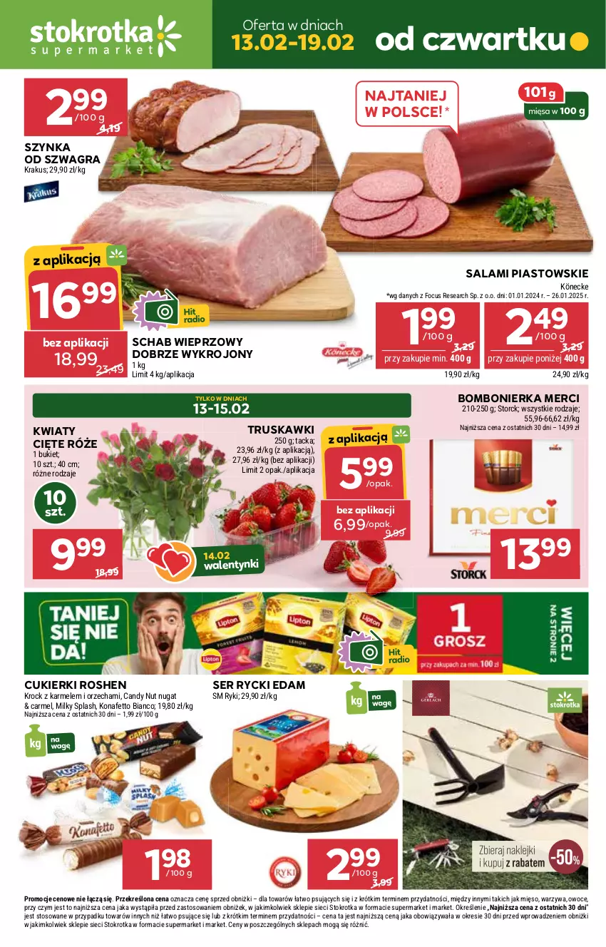 Gazetka promocyjna Stokrotka - Supermarket Opole/Radom - ważna 13.02 do 19.02.2025 - strona 1 - produkty: Bukiet, Cukier, Cukierki, Edam, Gra, Kwiaty cięte, Merci, Piast, Rycki Edam, Salami, Schab wieprzowy, Ser, Szynka, Truskawki