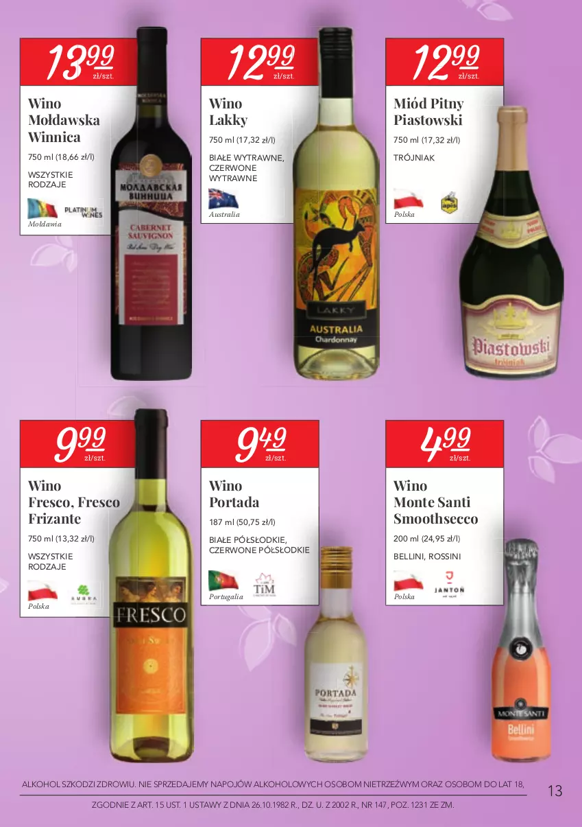 Gazetka promocyjna Stokrotka - Oferta alkoholowa - ważna 25.02 do 24.03.2021 - strona 13 - produkty: Bell, Fresco, Miód, Miód pitny, Monte, Monte Santi, Piast, Por, Portada, Wino